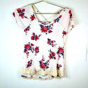 Rewind Women's Floral Lace Trim Crisscross Back Top XS Romantic Boho Cottagecore